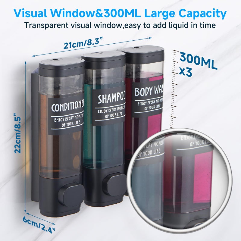 GlintGath Shampoo and Conditioner Dispenser GlintGath Shower Dispenser 3 Chamber No Drill Shampoo Dispenser for Shower Wall Mounted Shower Soap Dispenser for Bathroom Hotel 3 * 300ML Matte Black - Image 5